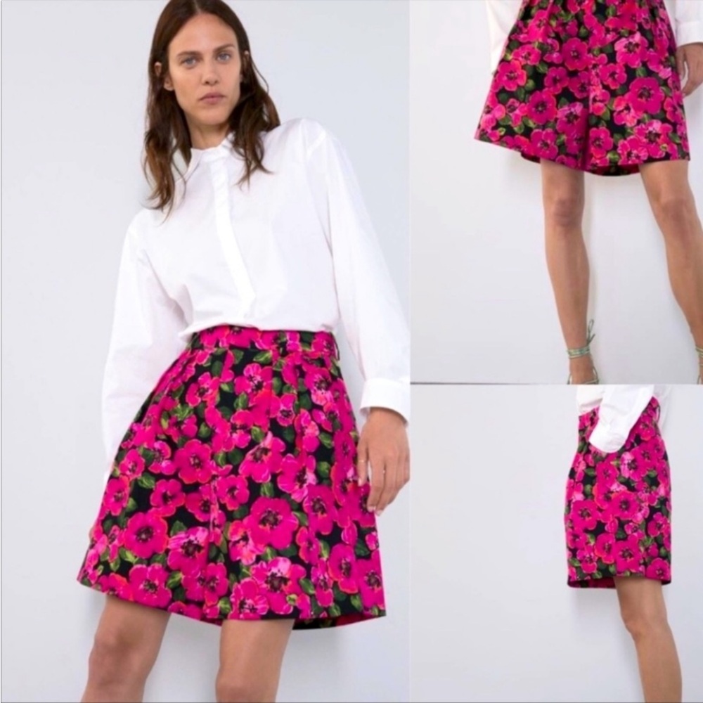 Zara Pink And Black Floral Bermuda Shorts